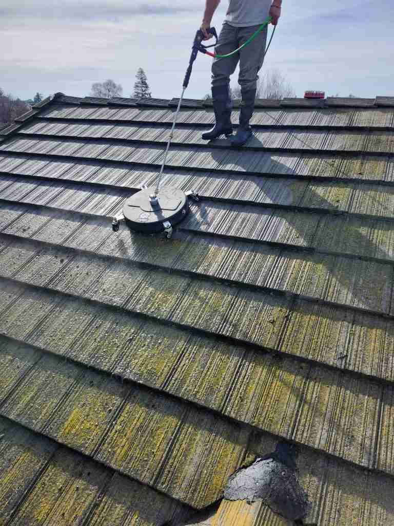 Technician cleaning algae from a concrete tile roof